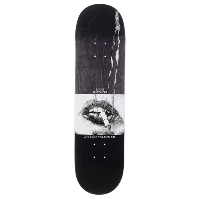 Skateboard deck with a graphic design on a white background