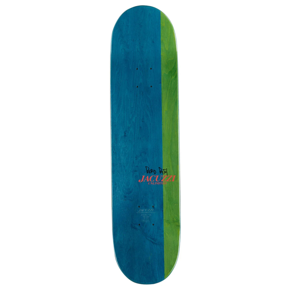 A skateboard deck shown vertically against a plain white background. The deck features a split design with a dark blue wood-grain finish on the left and a lime green wood-grain finish on the right.