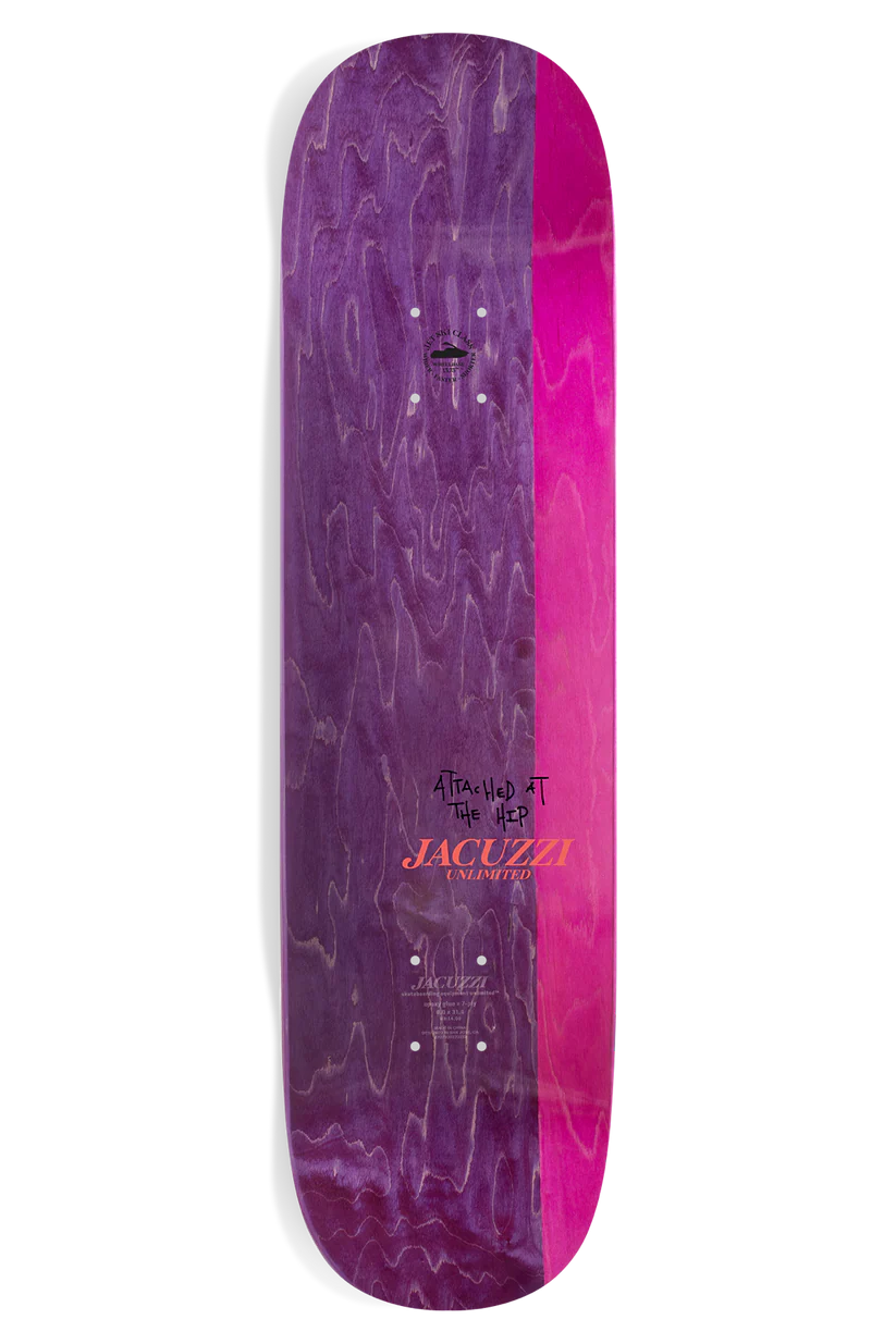 Purple and pink skateboard deck with 'Jacuzzi' branding on a white background
