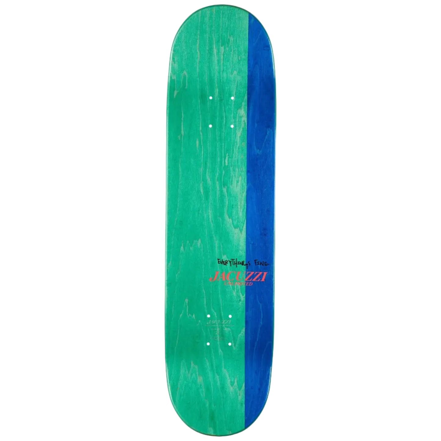Green and blue skateboard deck with 'Jacuzzi' branding on a white background