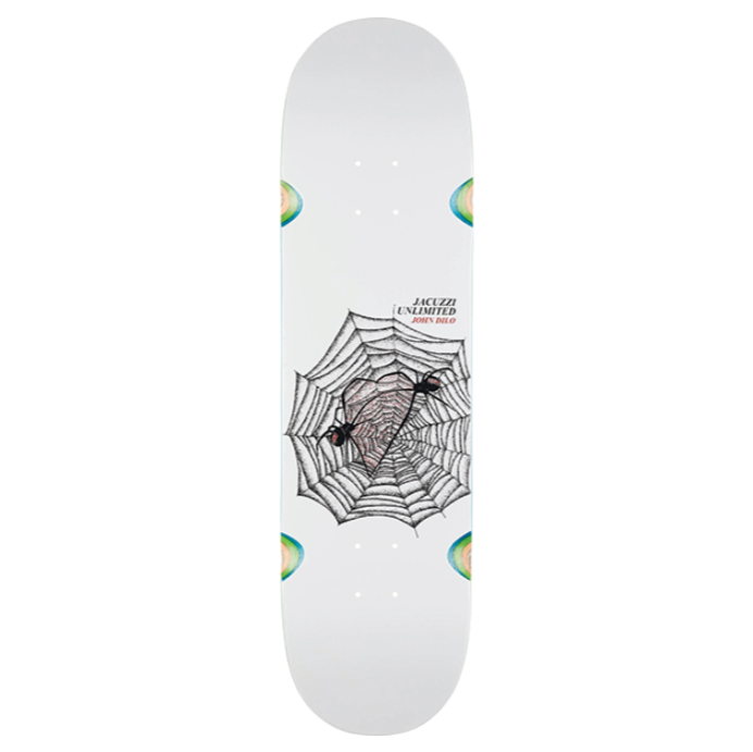 Skateboard deck with a spider web design on a white background