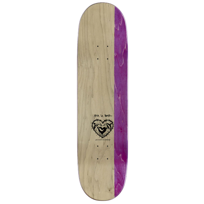 Skateboard deck with purple and wooden design on a white background
