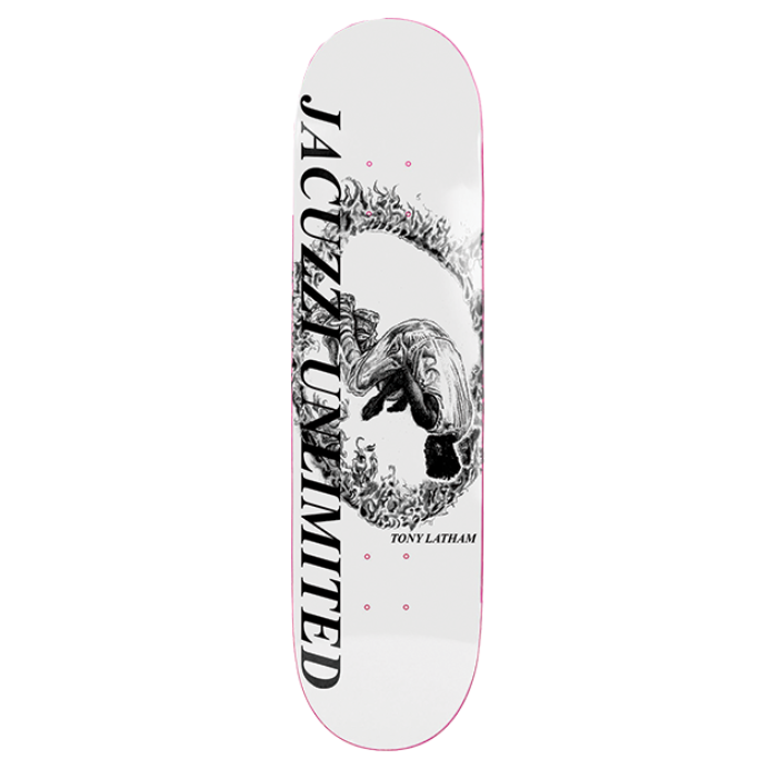 Skateboard deck with graphic design and text on a white background