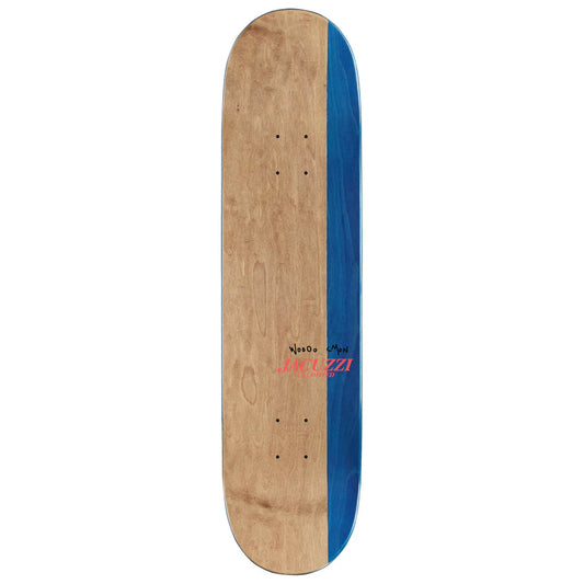 Skateboard deck with wooden top and blue bottom on a white background