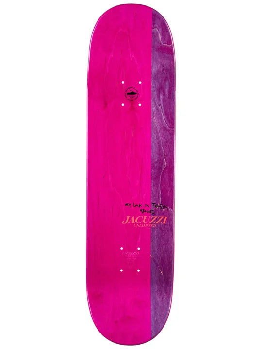 Pink skateboard deck with 'Jacuzzi' branding on a white background