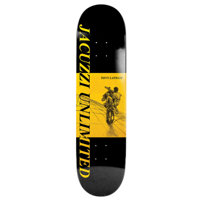 Skateboard deck with graphic design on a white background