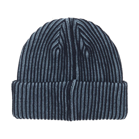 A navy blue and light blue striped knit beanie hat, shown from the front on a solid white background.