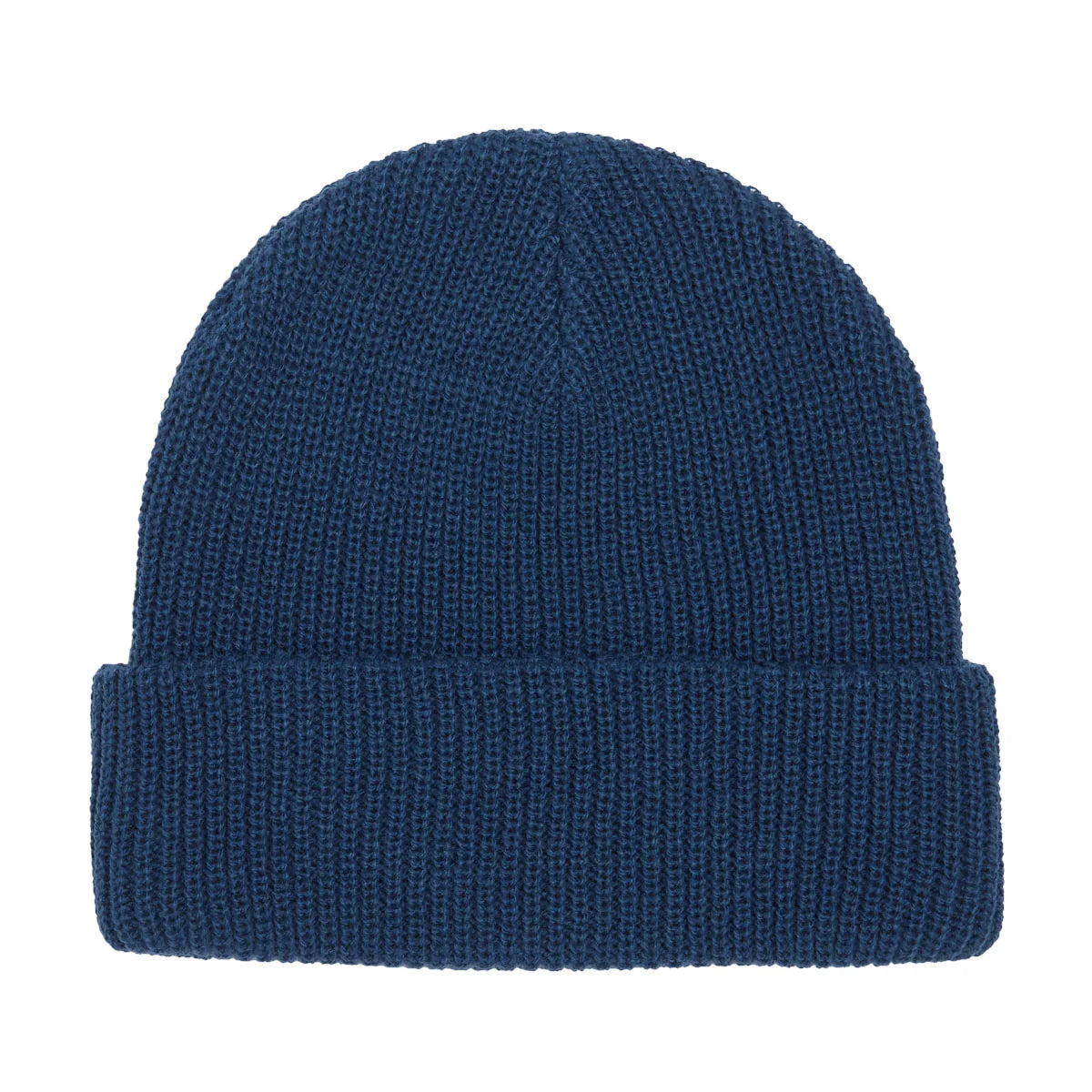 A classic navy blue ribbed knit beanie hat, shown from a front-facing perspective on a solid white background.