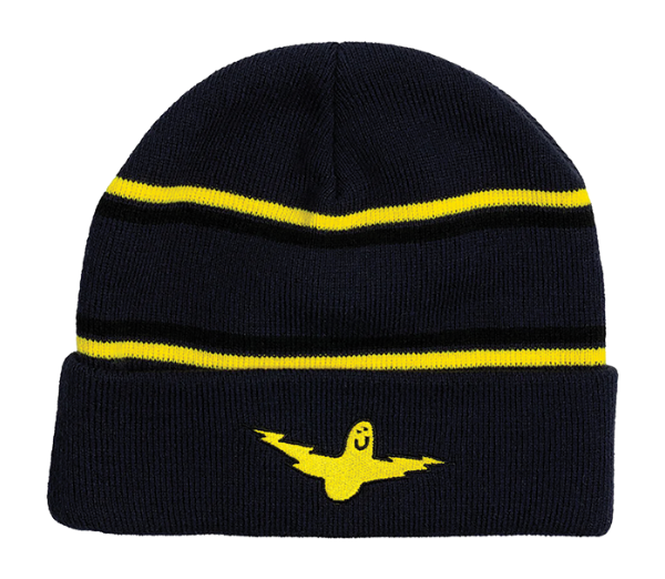 Black beanie with yellow stripes and a smiley face design on a white background