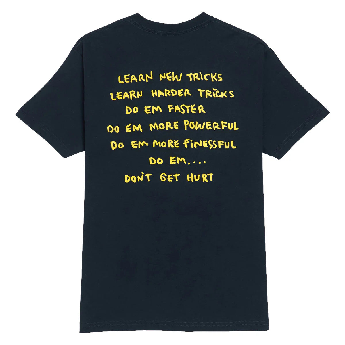 navy blue t-shirt with yellow text on a white background