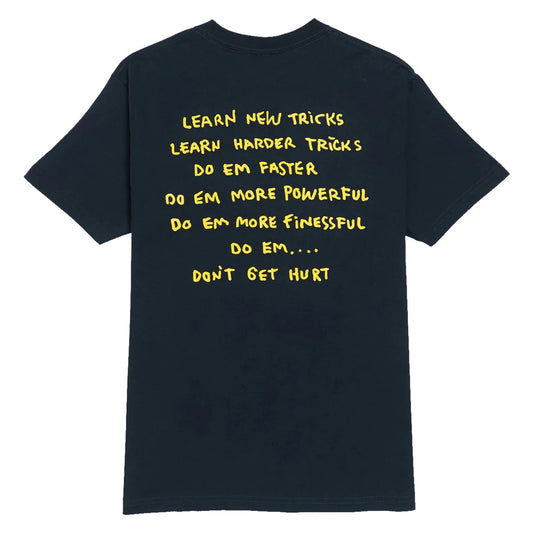 navy blue t-shirt with yellow text on a white background
