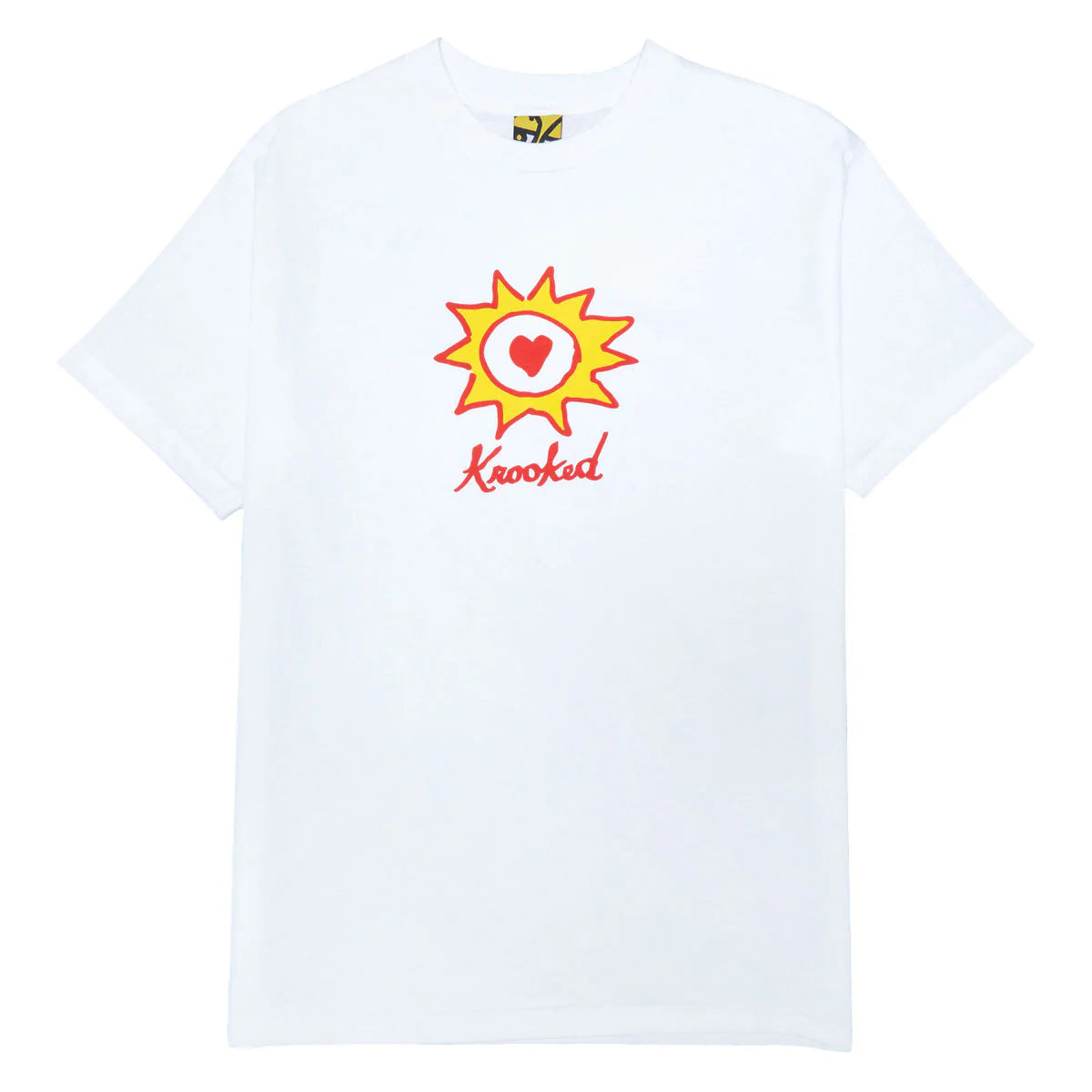 White t-shirt with a colorful graphic and 'Krooked' branding on a white background