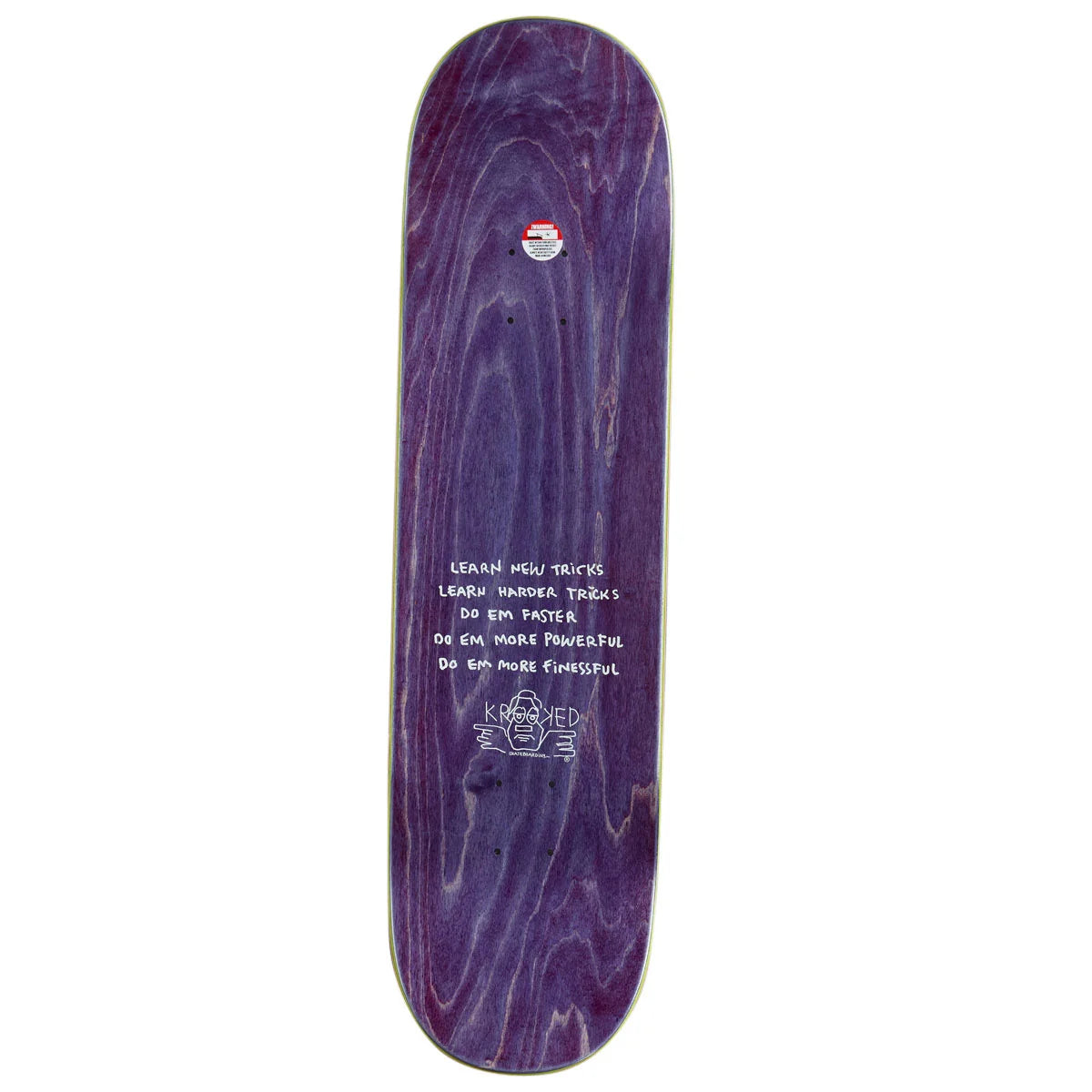 A skateboard deck with a dark purple woodgrain finish, featuring white handwritten text and a small red and white logo near the top edge.