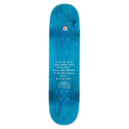 Blue skateboard deck with white text on a white background