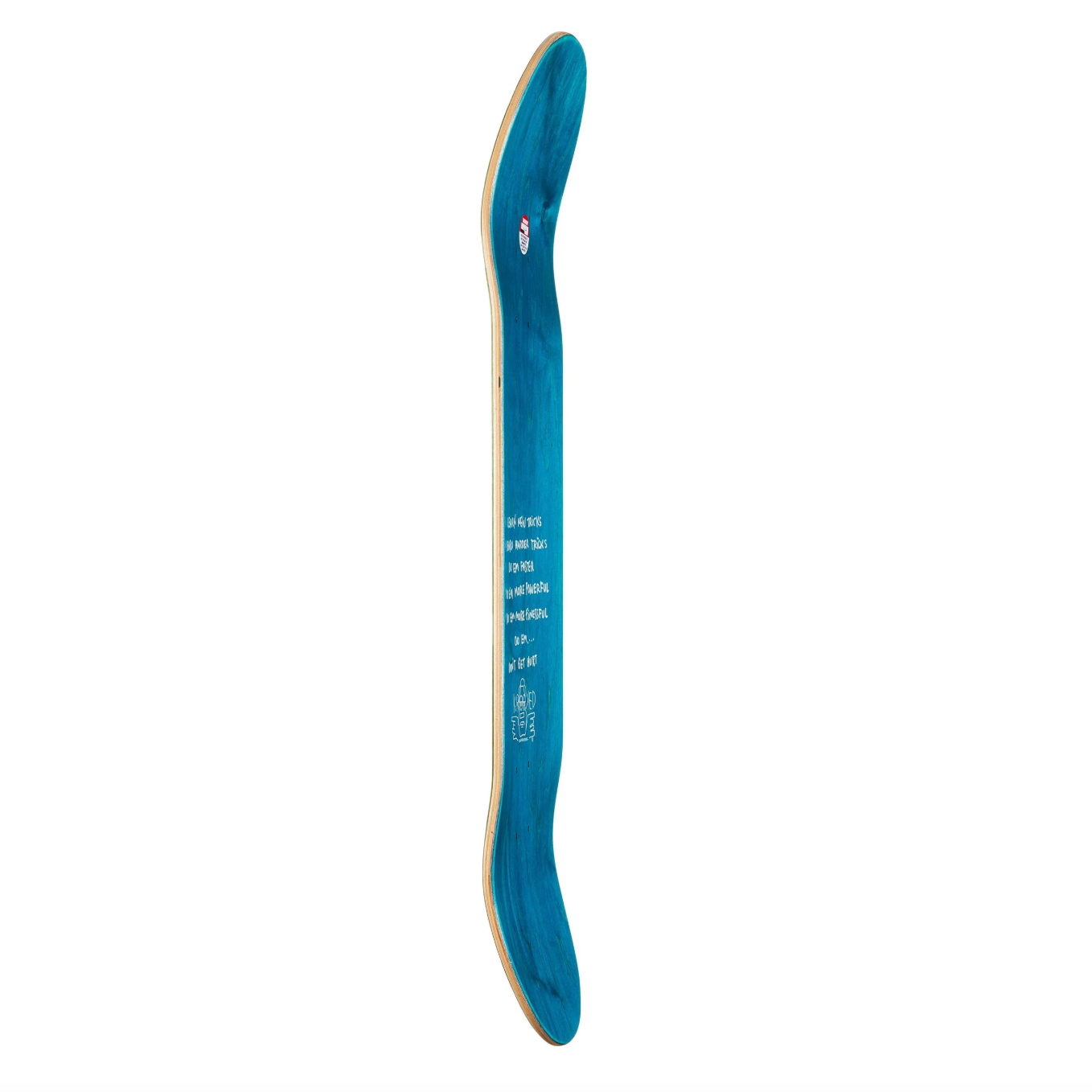 Blue skateboard deck with text on a white background