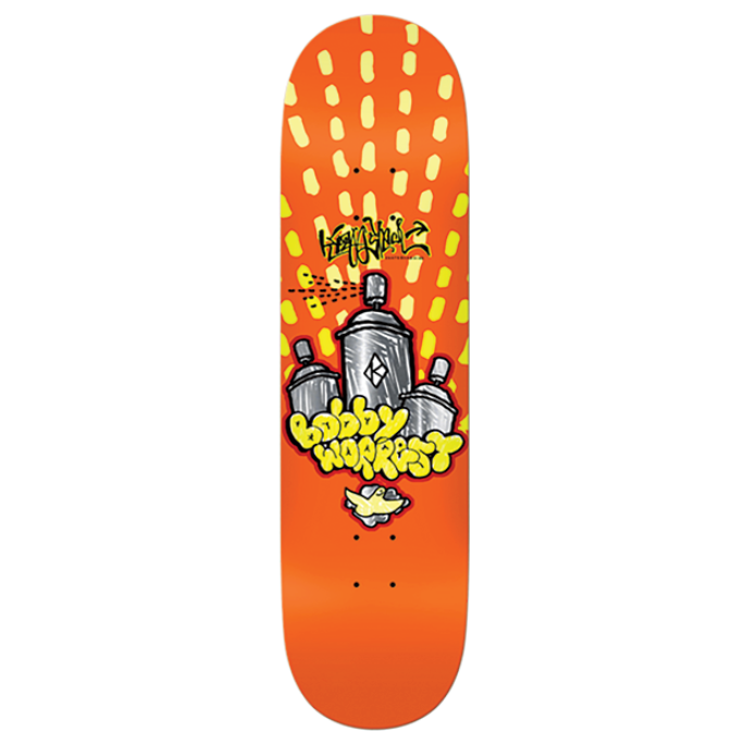 Skateboard deck with colorful design on an orange background