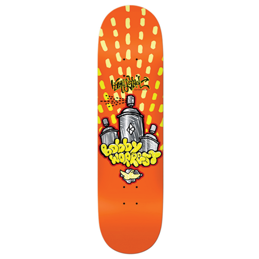 Skateboard deck with colorful design on an orange background