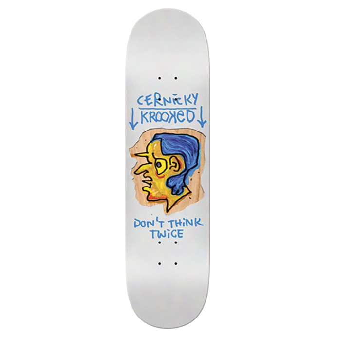 Skateboard deck with a graphic design and text on a white background