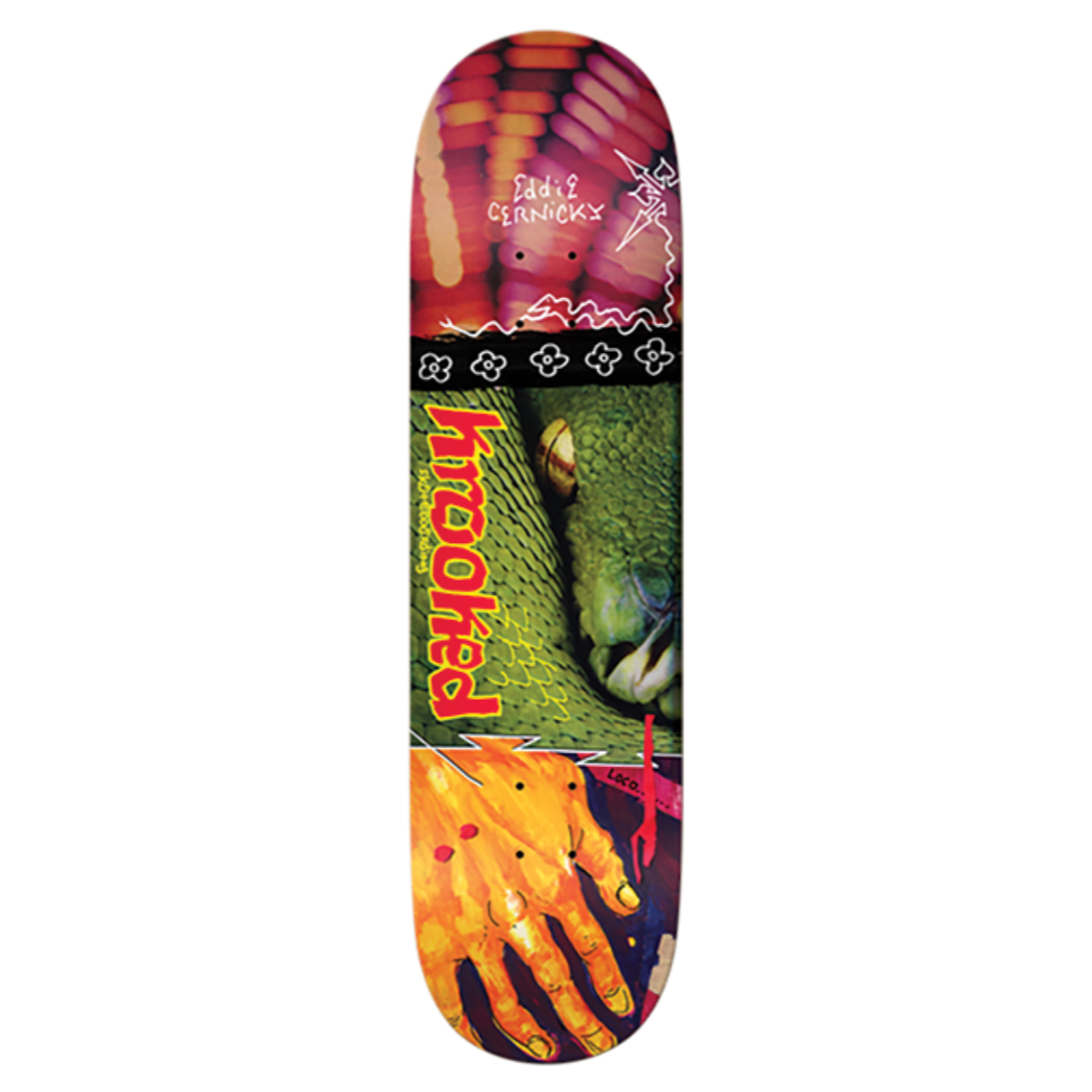 Skateboard deck with colorful design featuring a parrot and abstract elements on a white background.