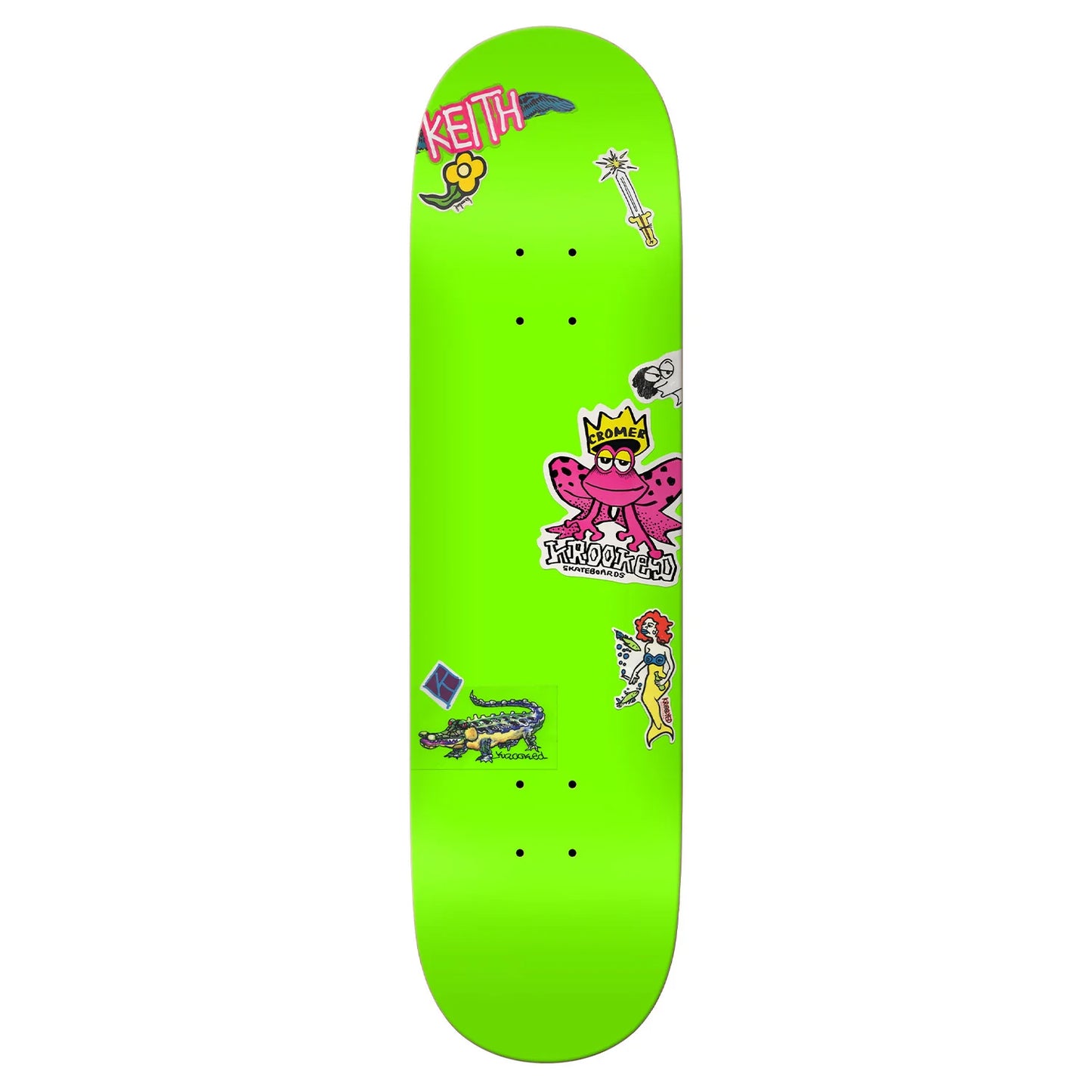 Green skateboard deck with colorful graphics and text on a white background
