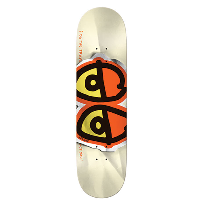 Skateboard deck with a logo design on a white background