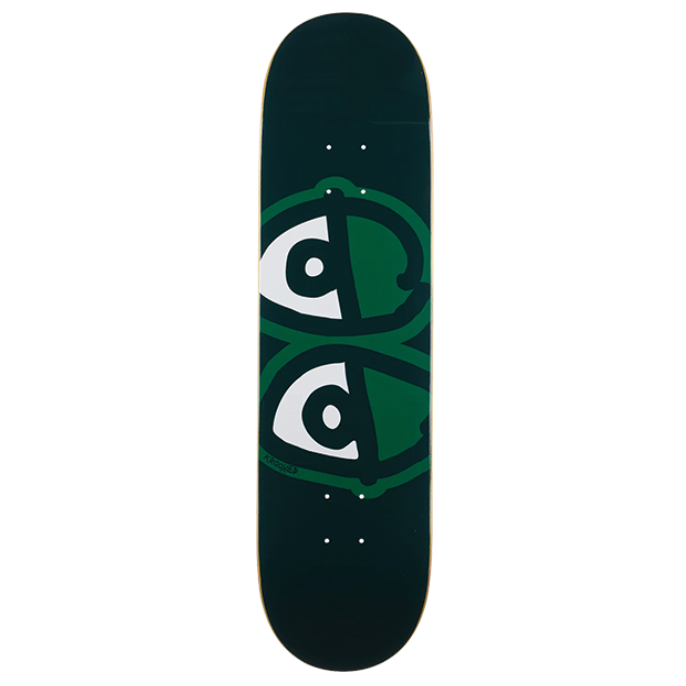 Skateboard deck with a green and white logo on a black background