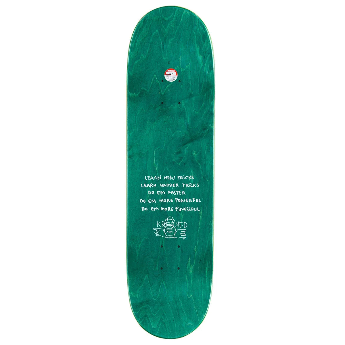 A green skateboard deck with a natural wood grain pattern, featuring white text and graphics on the underside, set against a plain white background.
