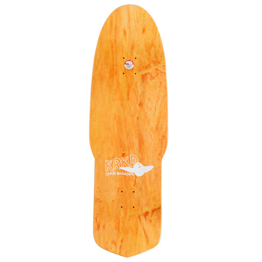 An orange skateboard deck shown from the underside against a plain white background, featuring a white KRKD Skateboards logo near the tail.