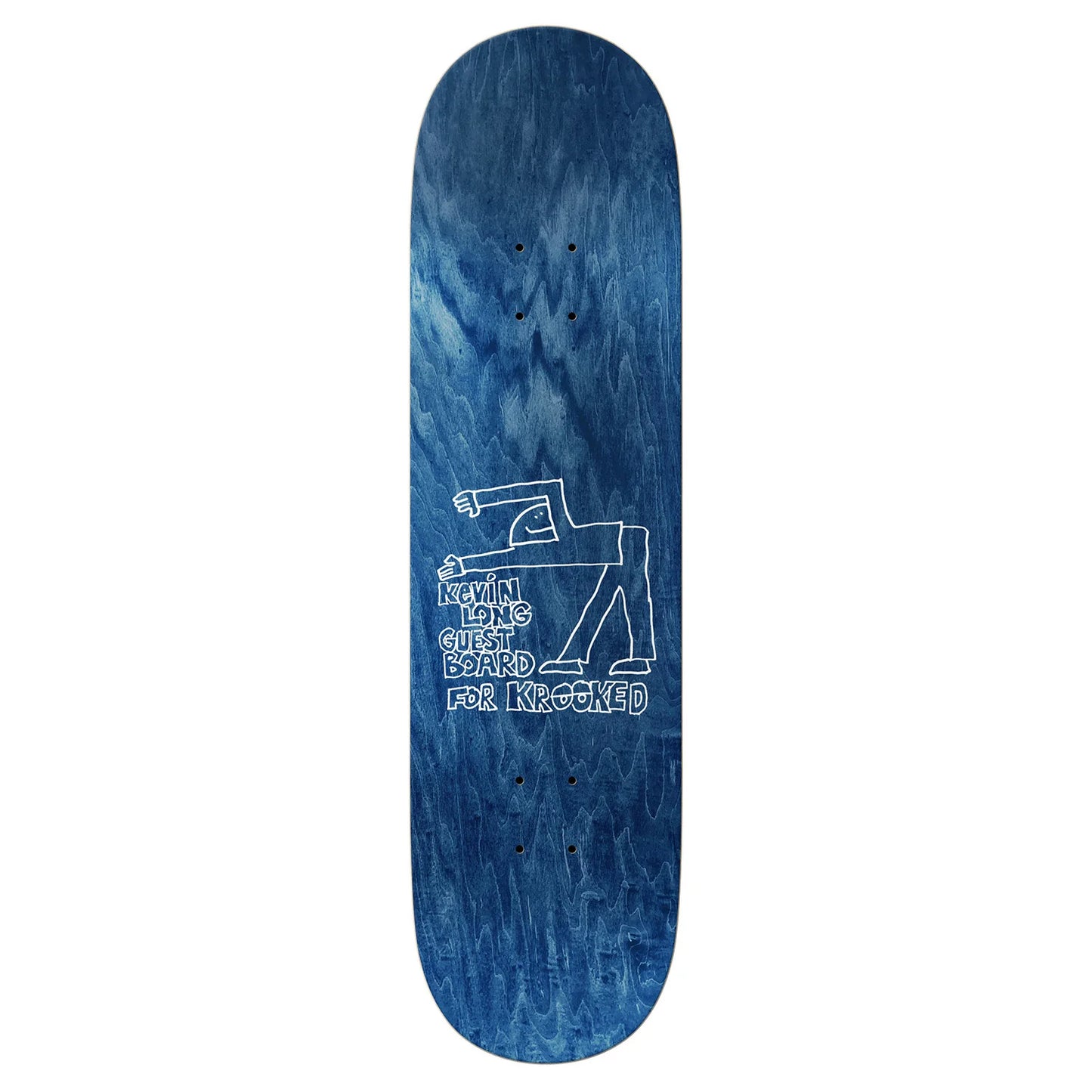 Blue skateboard deck with white graphics and text on a white background