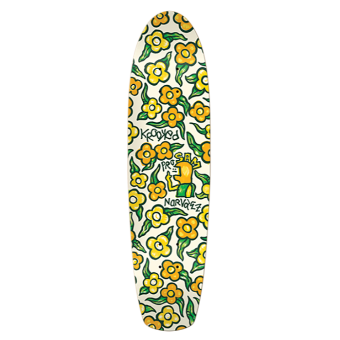Skateboard deck with yellow floral pattern on a white background