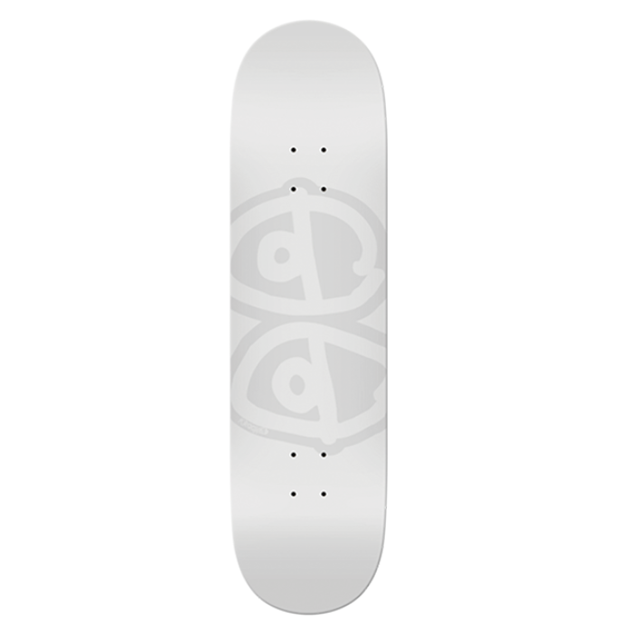 White skateboard deck with a logo on a white background
