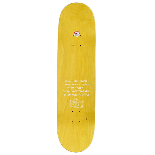 A skateboard deck with a natural light wood grain finish, featuring white printed text and graphics on the underside, set against a plain white background.