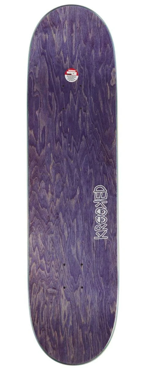 Skateboard deck with a purple and black pattern on a white background