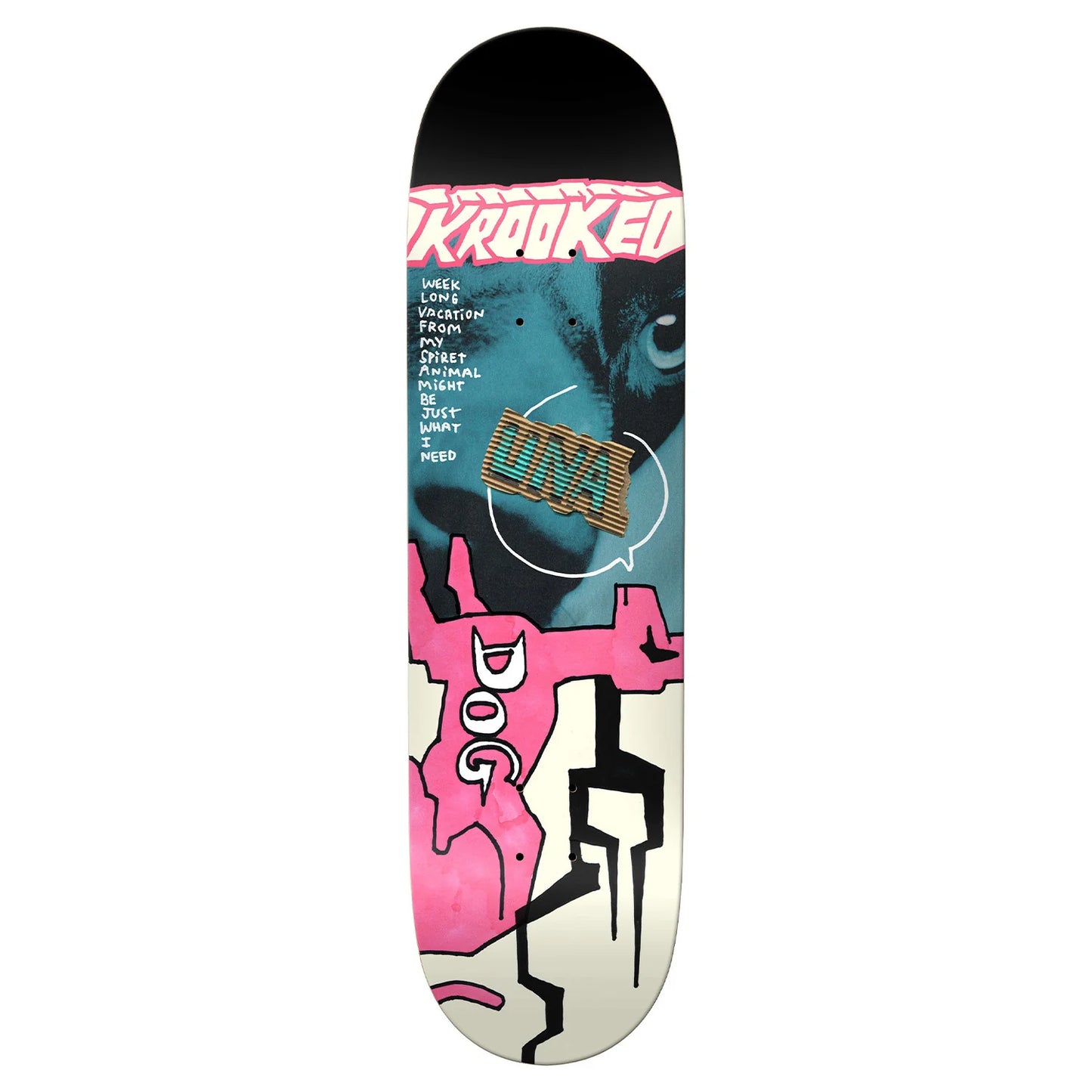 Skateboard deck with colorful design and text on a white background