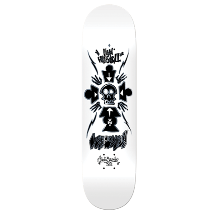 Skateboard deck with black graphics on a white background