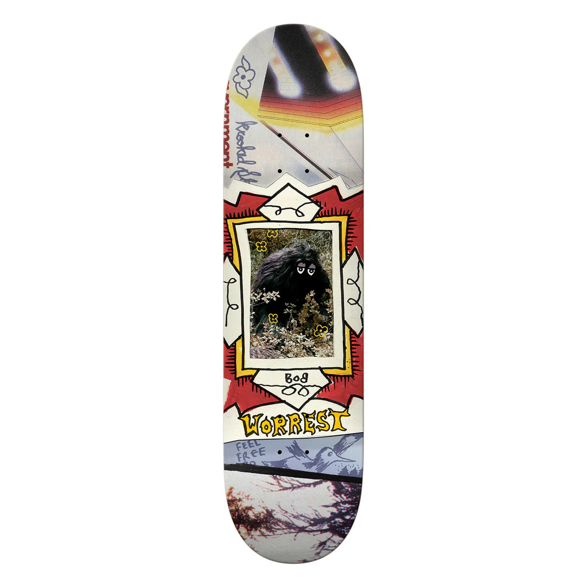 Skateboard deck with colorful design and text on a white background