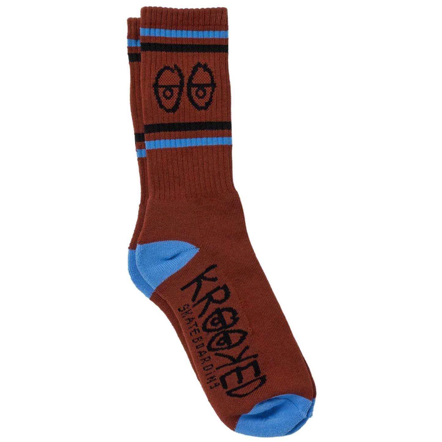 Brown sock with blue accents and a logo on a white background