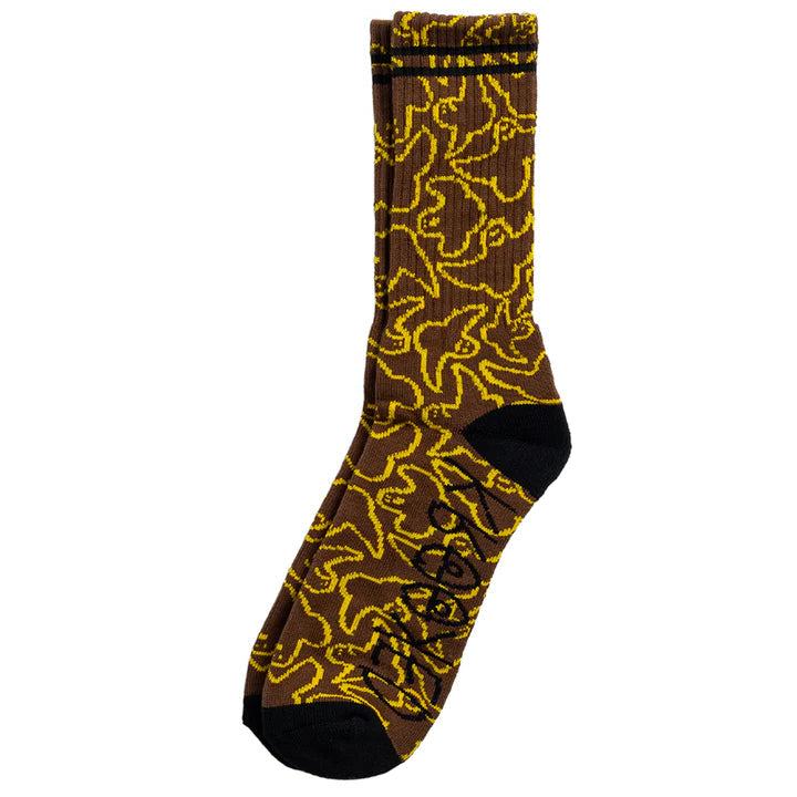 Brown sock with yellow fox pattern on a white background