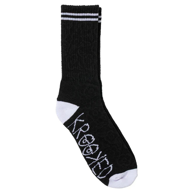 Black sock with white text and accents on a white background