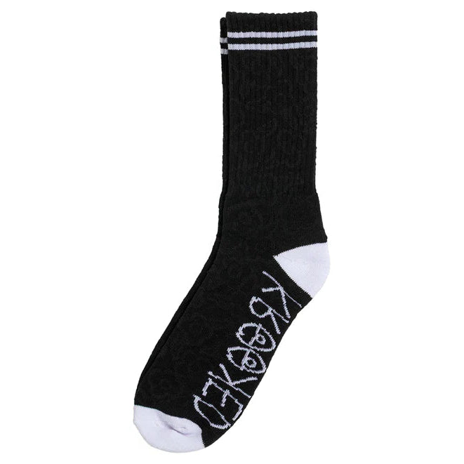 Black sock with white text and accents on a white background