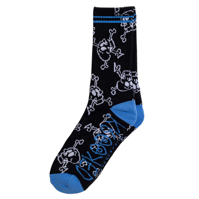Black sock with skull and crossbones pattern and blue accents on a white background