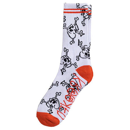 White sock with black skull and crossbones design, red accents, and visible brand name on a white background