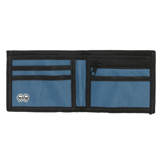 A blue and black bi-fold wallet shown open against a plain white background, featuring multiple card slots, a zippered pocket, and a small circular logo on the left pocket.