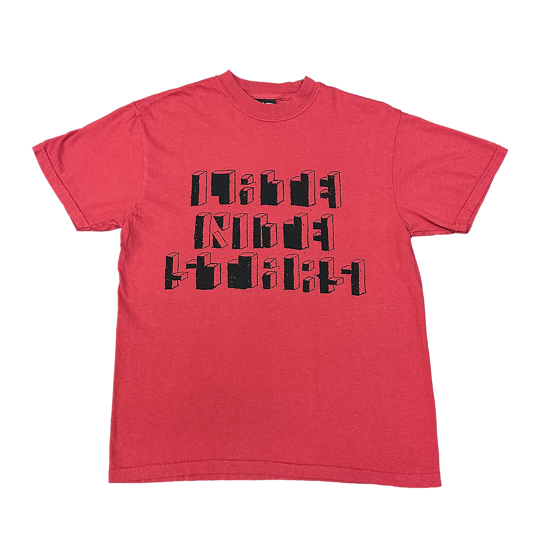 Red t-shirt with black text on a white background