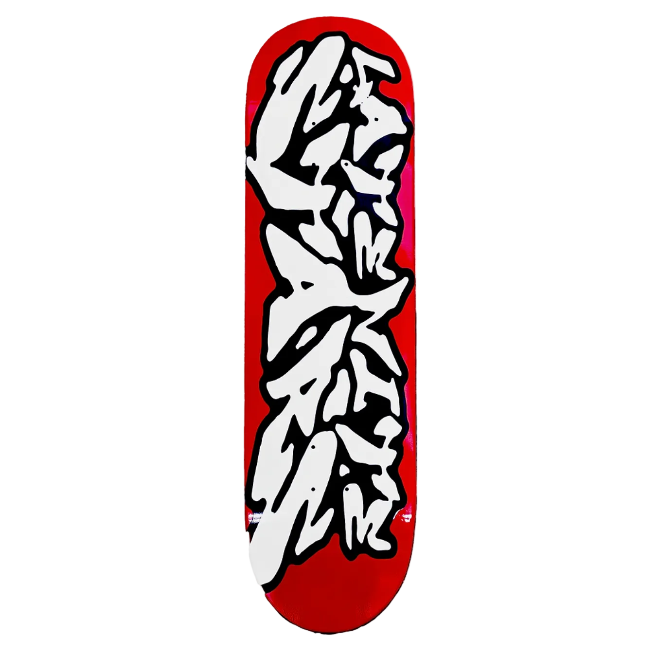 Skateboard deck with white graphic design on a red background