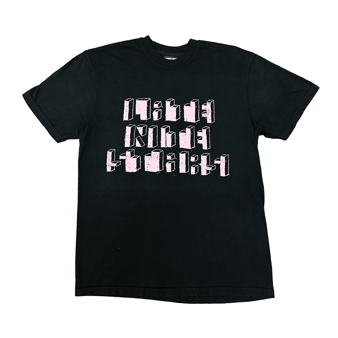 Black t-shirt with white text on a white background