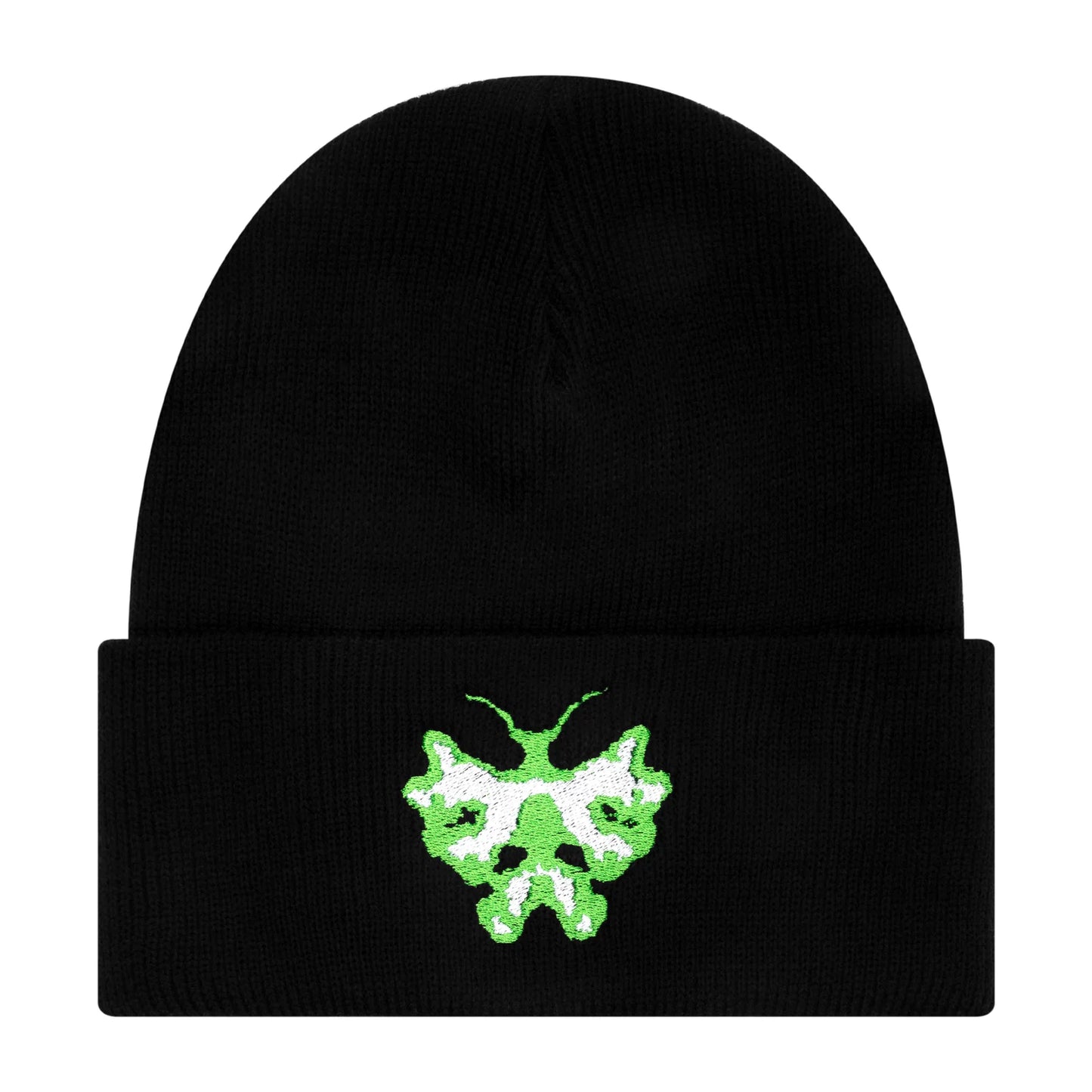 Black beanie with a green and white embroidered design on a white background