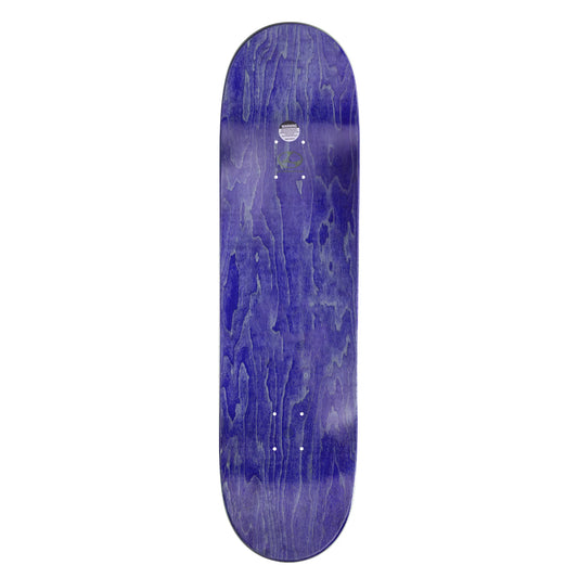 Purple skateboard deck with a visible brand logo on a white background