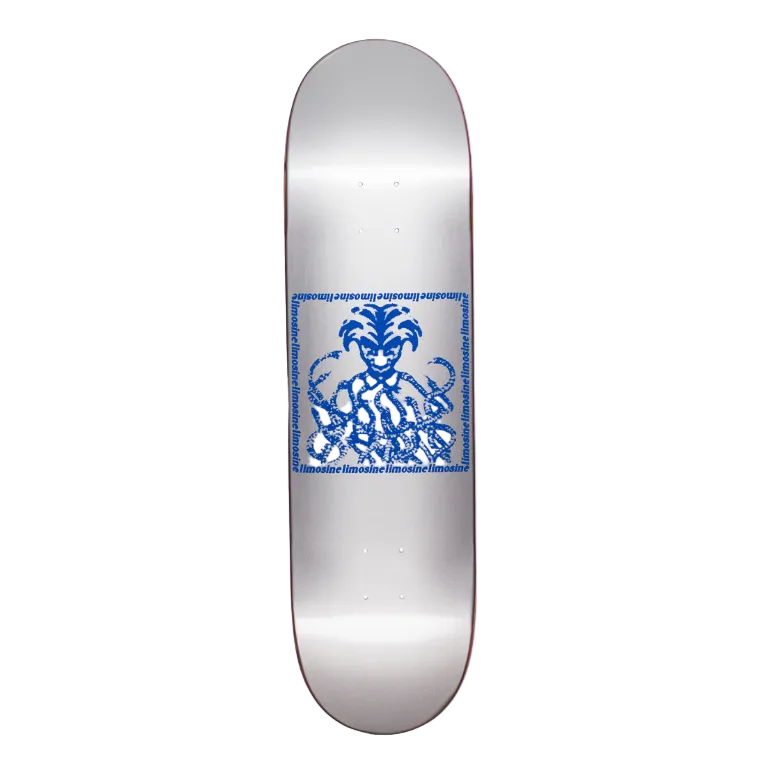 Skateboard deck with blue design on a white background