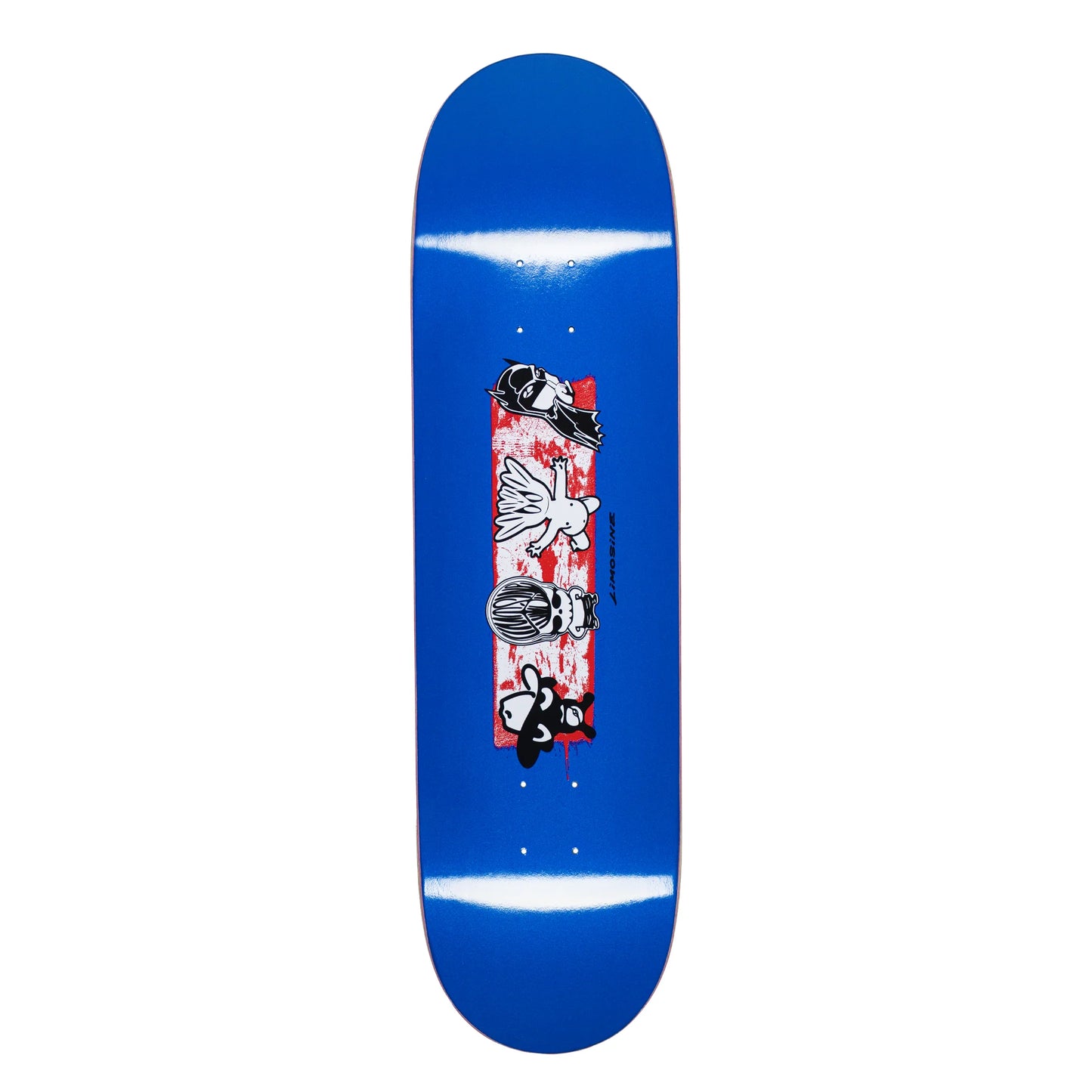 Blue skateboard deck with a graphic design on a white background